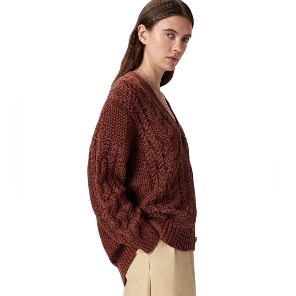 Quince 100% Organic Cotton Oversized Cable Knit Cardigan Redwood Brown Large - Picture 2 of 10